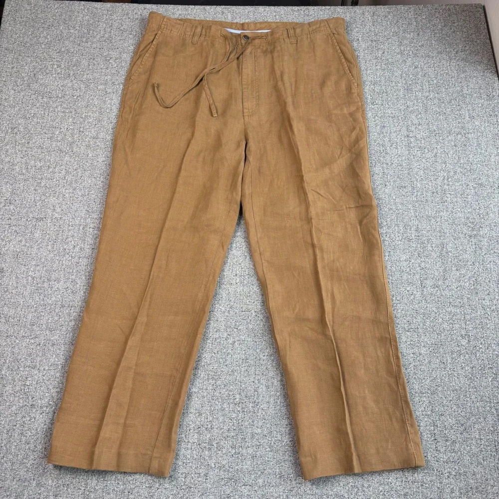 Caribbean 100% Linen Drawstring Pants Men 40x30 Brown Straight Leg Beach Wedding